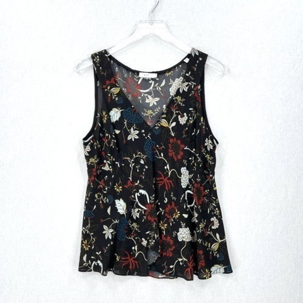 A.L.C. Purcell Floral Tank Top 10 Black Silk V Neck Sleeveless Ruffle Blouse - Picture 3 of 15